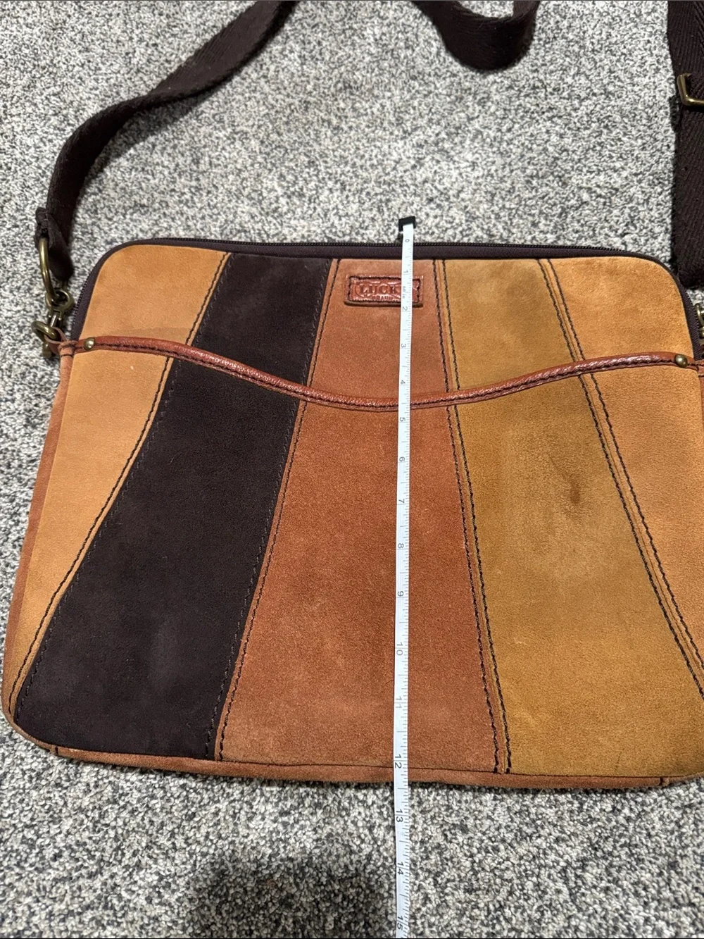 Suede Patchwork Messenger or Lap top Bag in Brown/Tan